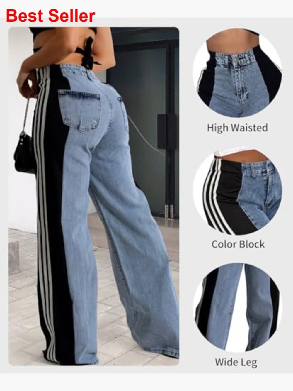 High Waisted Wide Leg Jeans Stretchy Two Tone Denim Pants - Picture 3 of 7